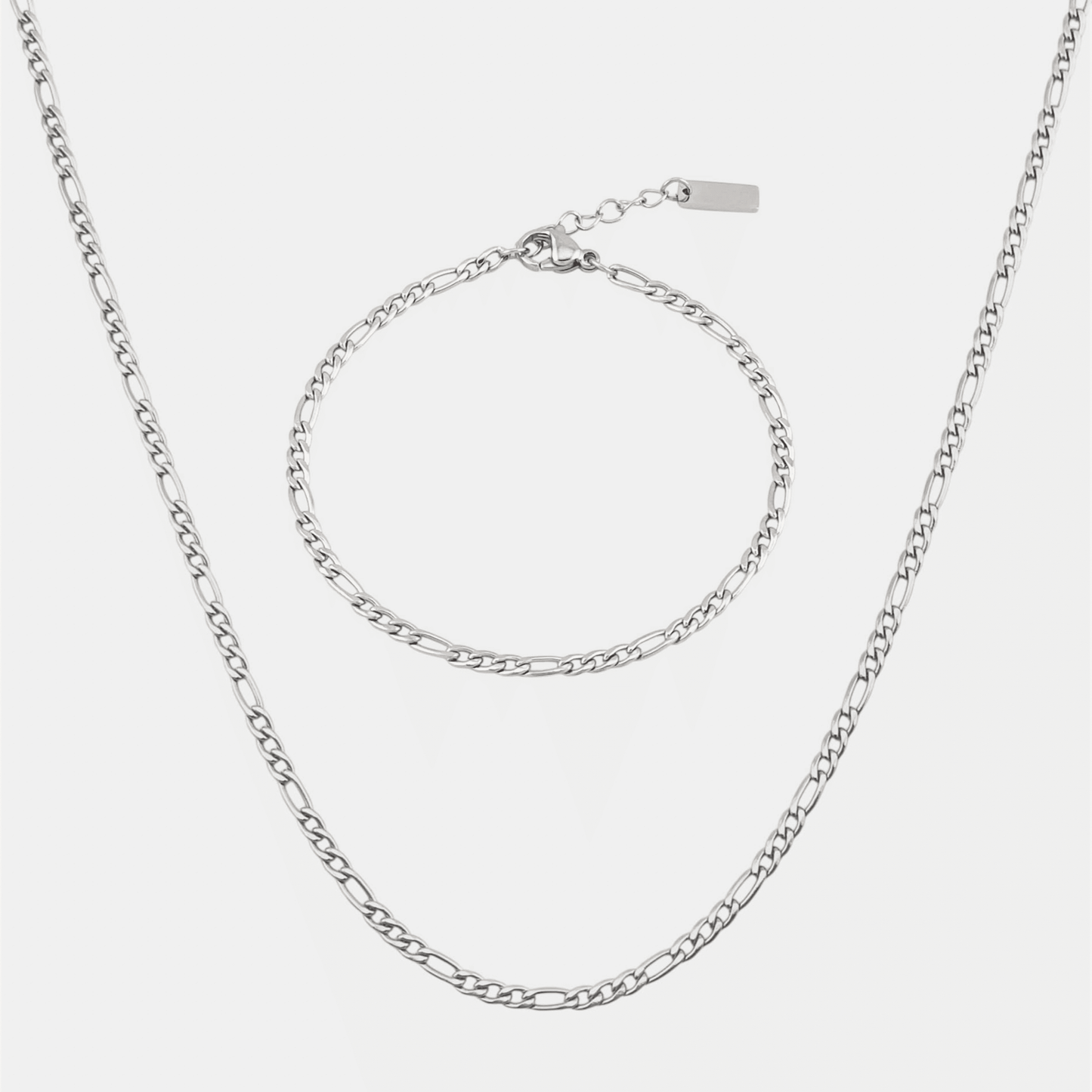 3mm Figaro Kette und 3mm Figaro Armband aus Edelstahl in Silber von Evelence