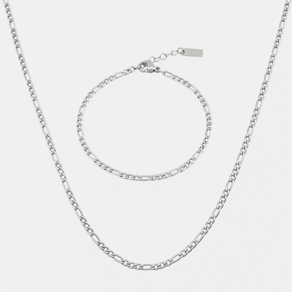 3mm Figaro Kette und 3mm Figaro Armband aus Edelstahl in Silber von Evelence